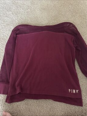 PINK Victoria's Secret Maroon Off-Shoulder Mesh Sleeve Sweatshirt
